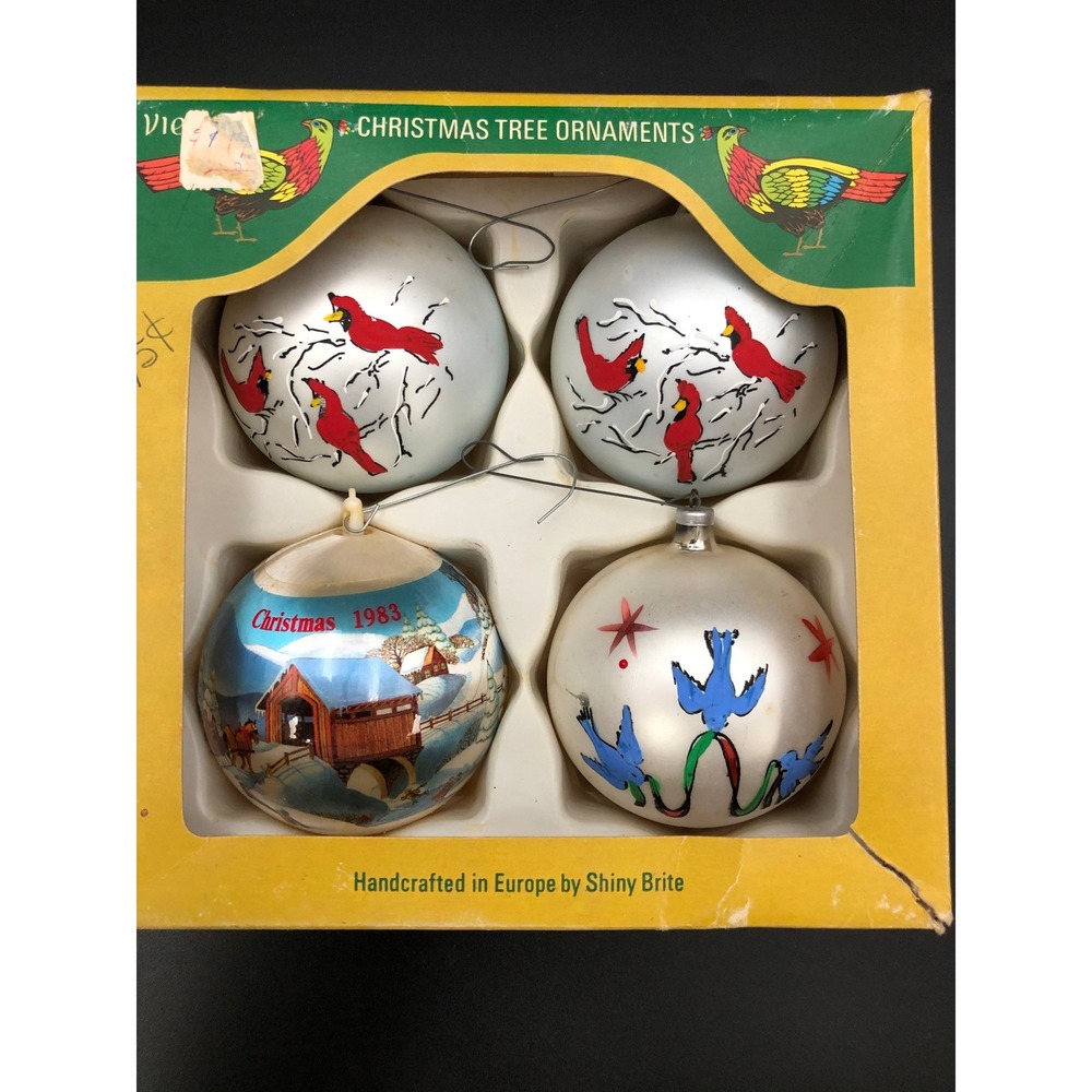 Vintage Shiny Brite Ornaments (4) Austria Glass Cardinal Blue Bird 1983 Satin